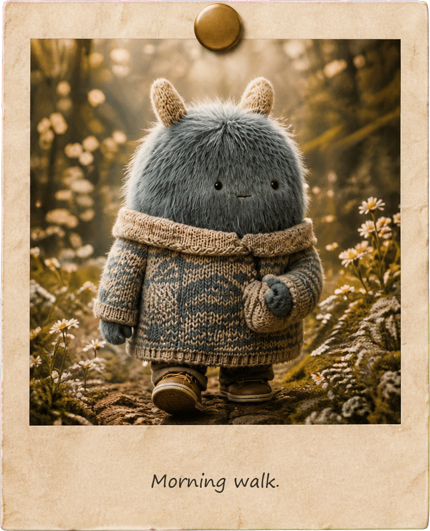 Cozy Mon on a quiet morning walk among flowers