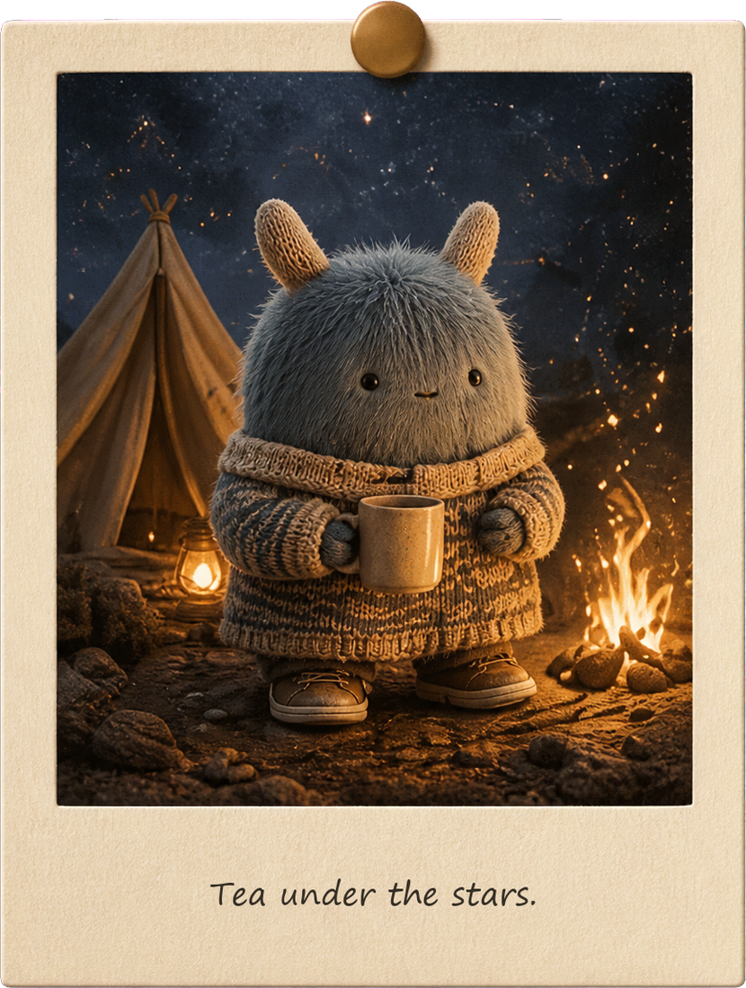 Cozy Mon beside a tent under warm stars