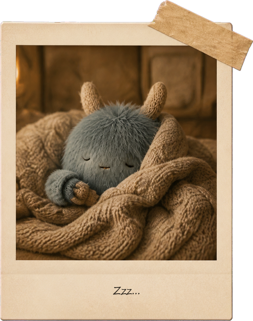 Cozy Mon asleep under a chunky knit blanket